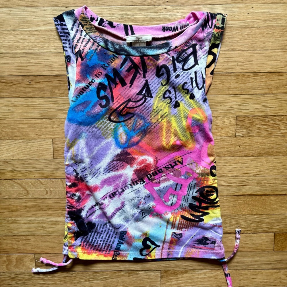 Vintage Y2K 90s Graffiti Crop Top‎ Size Sm NYC Streetwear Colorful Tank Cinch